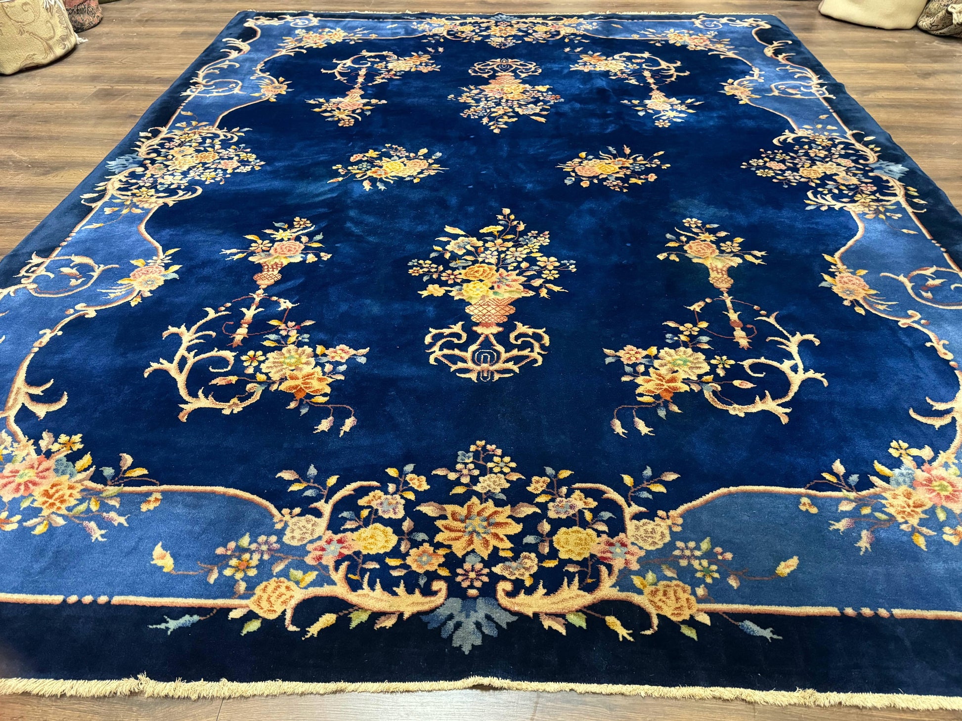 Blue Chinese Art Deco Rug 9x12, Vintage Antique Chinese Wool Rug, Chinese Fette Rug - Nuvé