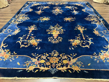 Blue Chinese Art Deco Rug 9x12, Vintage Antique Chinese Wool Rug, Chinese Fette Rug - Nuvé