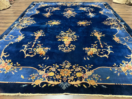 Blue Chinese Art Deco Rug 9x12, Vintage Antique Chinese Wool Rug, Chinese Fette Rug - Nuvé