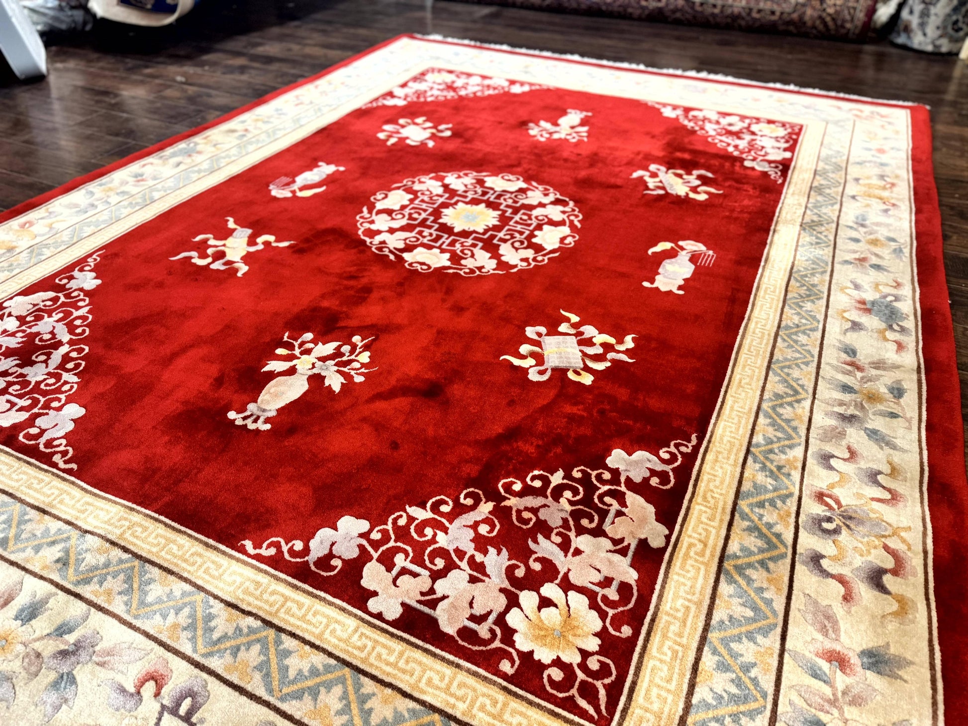Chinese Wool Rug 8.6 x 11, Red and Beige Asian Oriental Carpet, Plush Pile, Vintage Handmade Chinese Carving Sculpted Rug, Semi Open Field - Nuvé