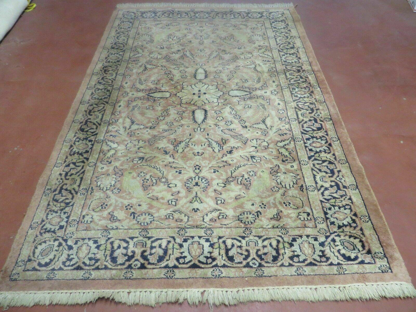 Indian Silk Rug 4x6, Indian Kashmiri Silk Carpet 4 x 6 ft, Vintage Hand Knotted Floral Bird Motifs, Light Pink and Navy Blue, Silk on Cotton - Nuvé