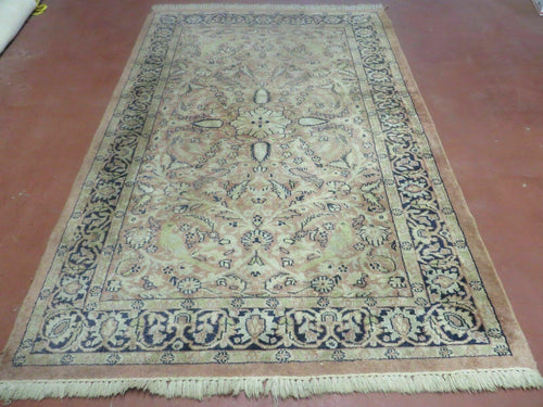 Indian Silk Rug 4x6, Indian Kashmiri Silk Carpet 4 x 6 ft, Vintage Hand Knotted Floral Bird Motifs, Light Pink and Navy Blue, Silk on Cotton - Nuvé