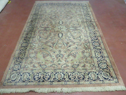 Indian Silk Rug 4x6, Indian Kashmiri Silk Carpet 4 x 6 ft, Vintage Hand Knotted Floral Bird Motifs, Light Pink and Navy Blue, Silk on Cotton - Nuvé