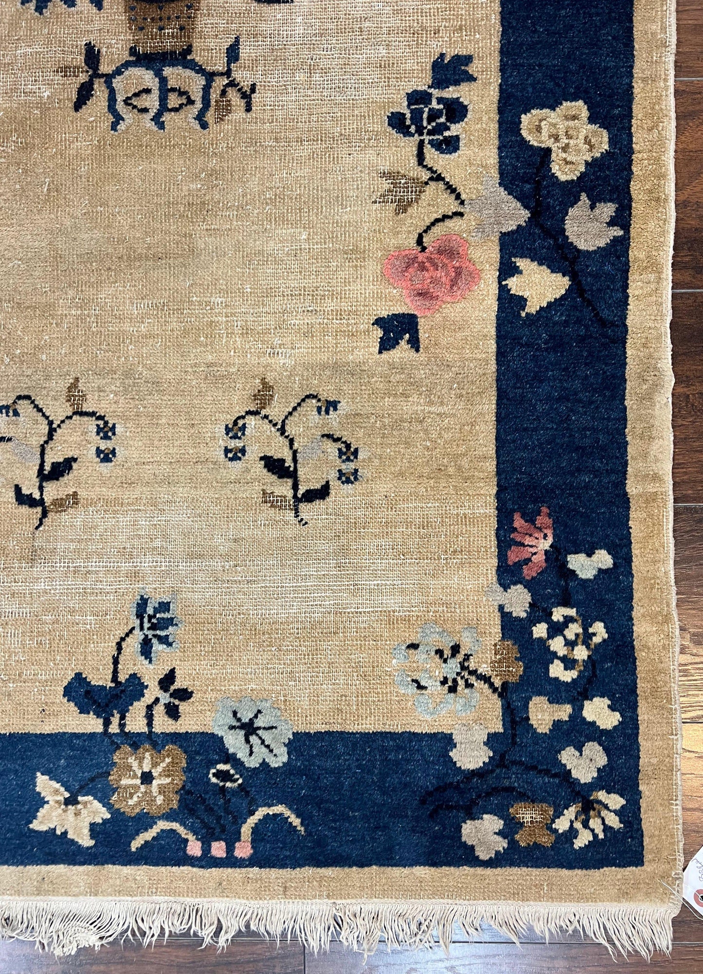 Antique Chinese Peking Rug 3x6, Beige and Dark Blue Hand Knotted Handmade Asian Oriental Carpet, Floral Vases, Vintage Wool Art Deco Rug - Nuvé