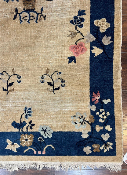 Antique Chinese Peking Rug 3x6, Beige and Dark Blue Hand Knotted Handmade Asian Oriental Carpet, Floral Vases, Vintage Wool Art Deco Rug - Nuvé