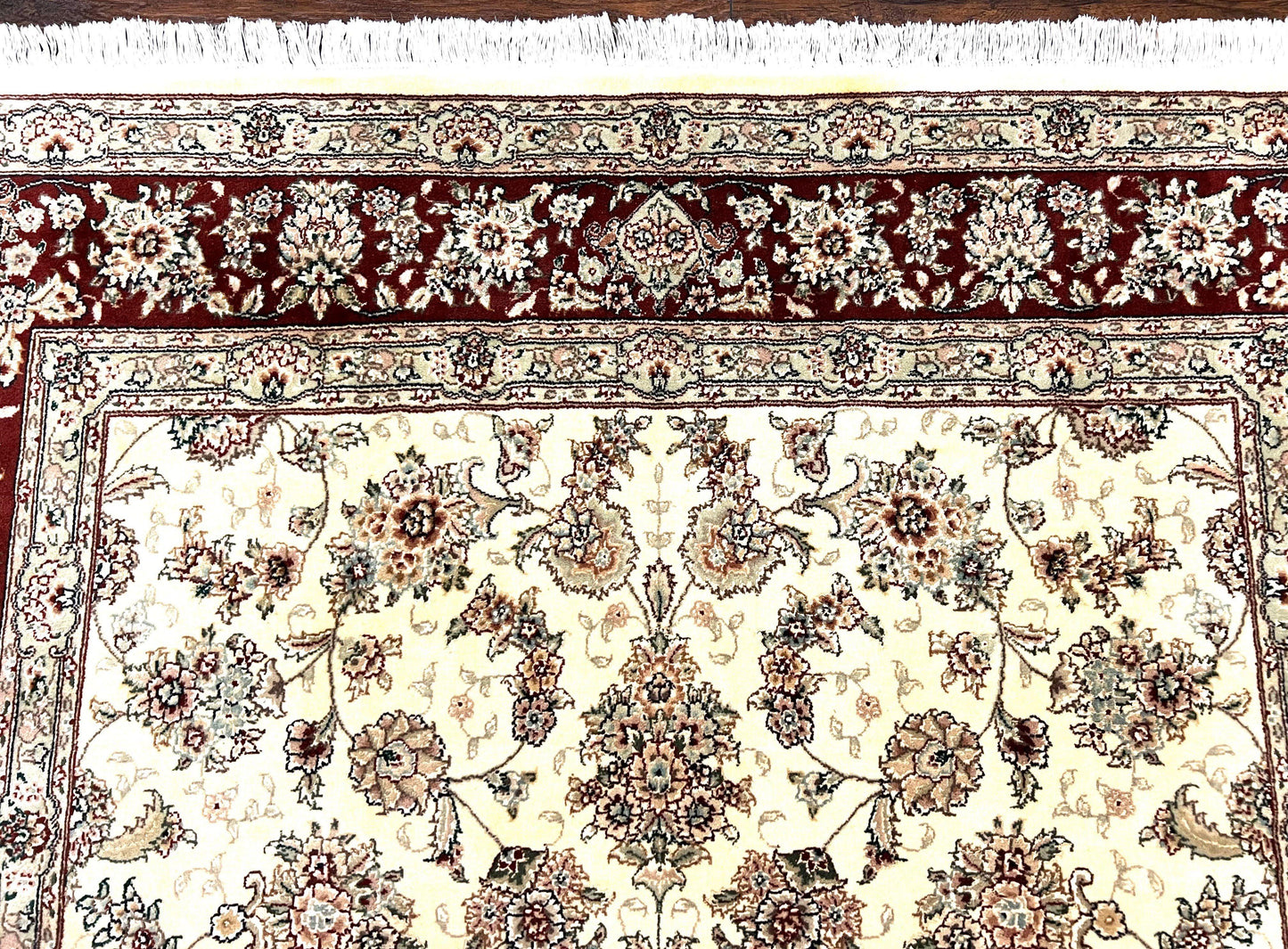 Pak Persian Rug 6x9, Floral Allover Carpet 6 x 9 ft, Cream and Maroon Hand Knotted Wool and Silk Fine Oriental Rug, Traditional Vintage Rug - Nuvé