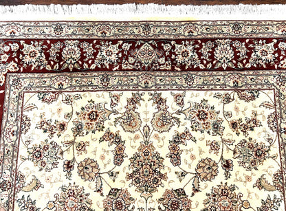 Pak Persian Rug 6x9, Floral Allover Carpet 6 x 9 ft, Cream and Maroon Hand Knotted Wool and Silk Fine Oriental Rug, Traditional Vintage Rug - Nuvé