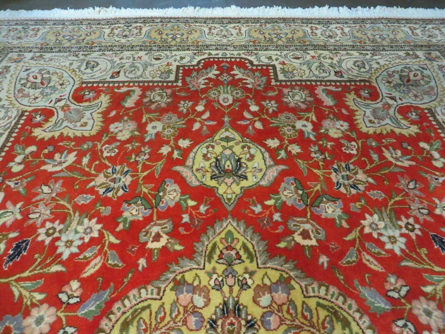 Vintage Persian Tabriz Rug 9x12, Tabatabaie Rug 9x12 Carpet, Handmade Hand Knotted Wool Area Rug, Tomato Red Beige, Medallion Rug, Floral - Nuvé