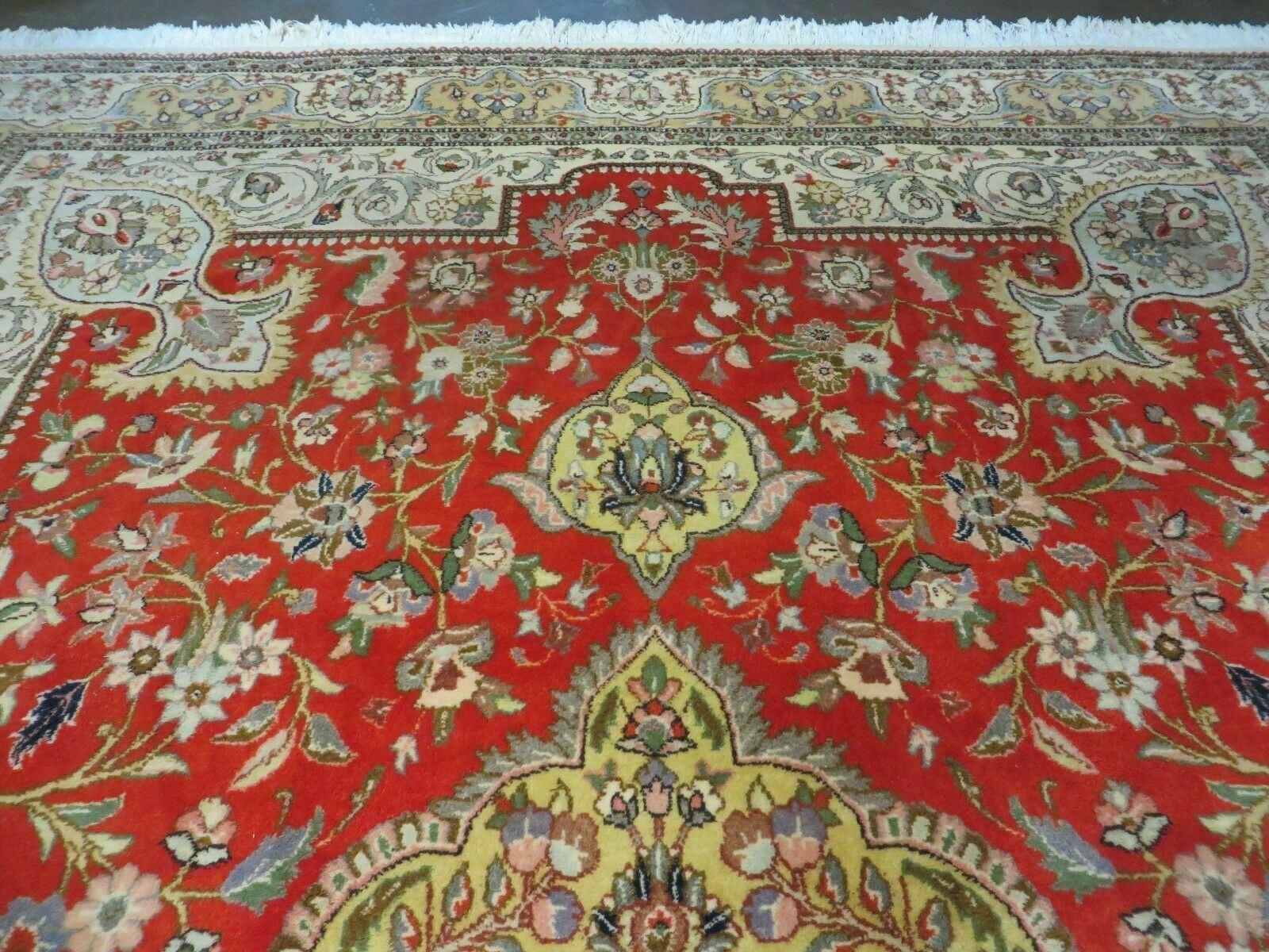 Vintage Persian Tabriz Rug 9x12, Tabatabaie Rug 9x12 Carpet, Handmade Hand Knotted Wool Area Rug, Tomato Red Beige, Medallion Rug, Floral - Nuvé