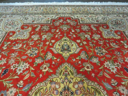Vintage Persian Tabriz Rug 9x12, Tabatabaie Rug 9x12 Carpet, Handmade Hand Knotted Wool Area Rug, Tomato Red Beige, Medallion Rug, Floral - Nuvé