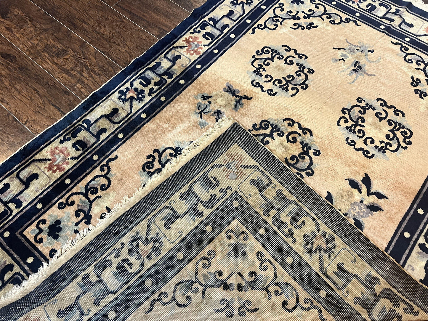 Chinese Peking Rug 4x6, Wool Hand Knotted Handmade Vintage Semi Antique Carpet, Semi Open Field, Light Peach & Navy Blue, Art Deco Rug - Nuvé