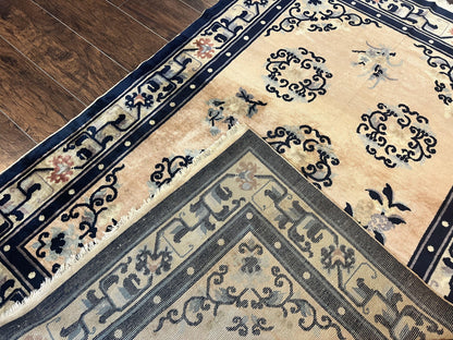 Chinese Peking Rug 4x6, Wool Hand Knotted Handmade Vintage Semi Antique Carpet, Semi Open Field, Light Peach & Navy Blue, Art Deco Rug - Nuvé