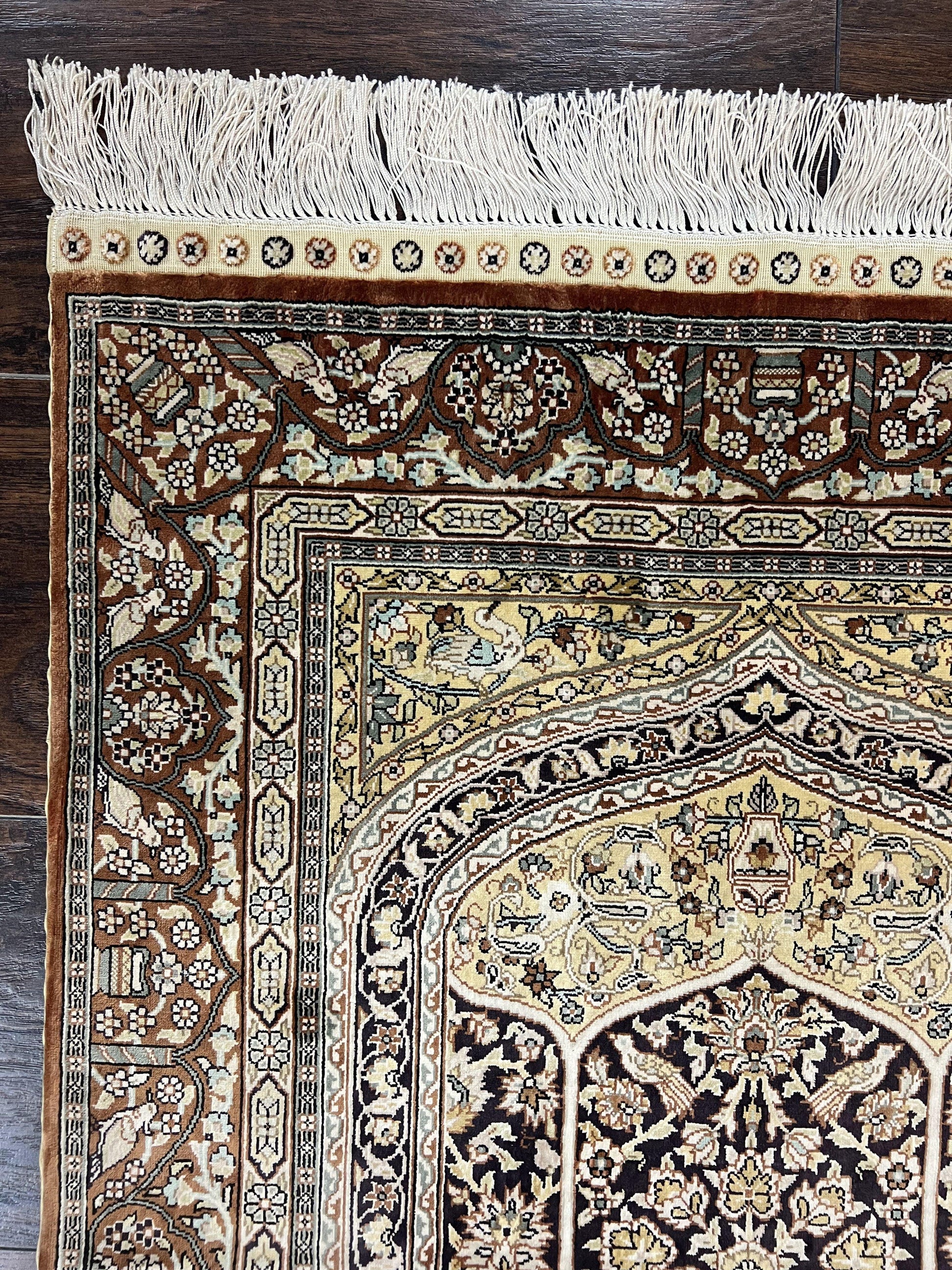 Turkish Silk Hereke Rug 2x3, Floral Vase Tree of Life Birds, Silk Pile on Silk Foundation, Vintage Oriental Carpet, Very Fine, Signature - Nuvé