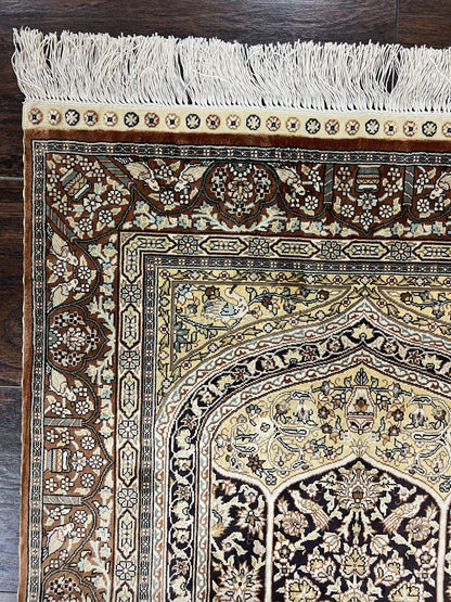 Turkish Silk Hereke Rug 2x3, Floral Vase Tree of Life Birds, Silk Pile on Silk Foundation, Vintage Oriental Carpet, Very Fine, Signature - Nuvé