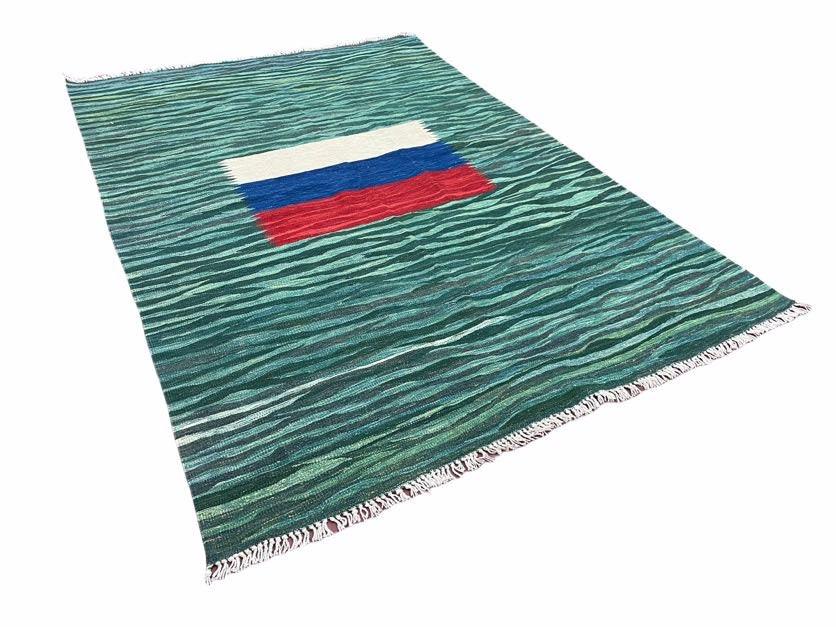 Sea Green Kilim Area Rug, White Blue Red Stripes, Russian Flag Rug, Flatweave Hand Knotted Carpet, Turkish Carpet, Wool, New, 5' 6" x 7' 10" - Nuvé