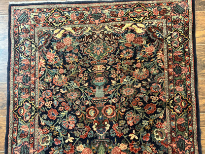 Antique Persian Rug 4x5, Navy Blue 1920s Carpet, Wool, Rare, Fine, Persian Hamadan Bidjar Carpet