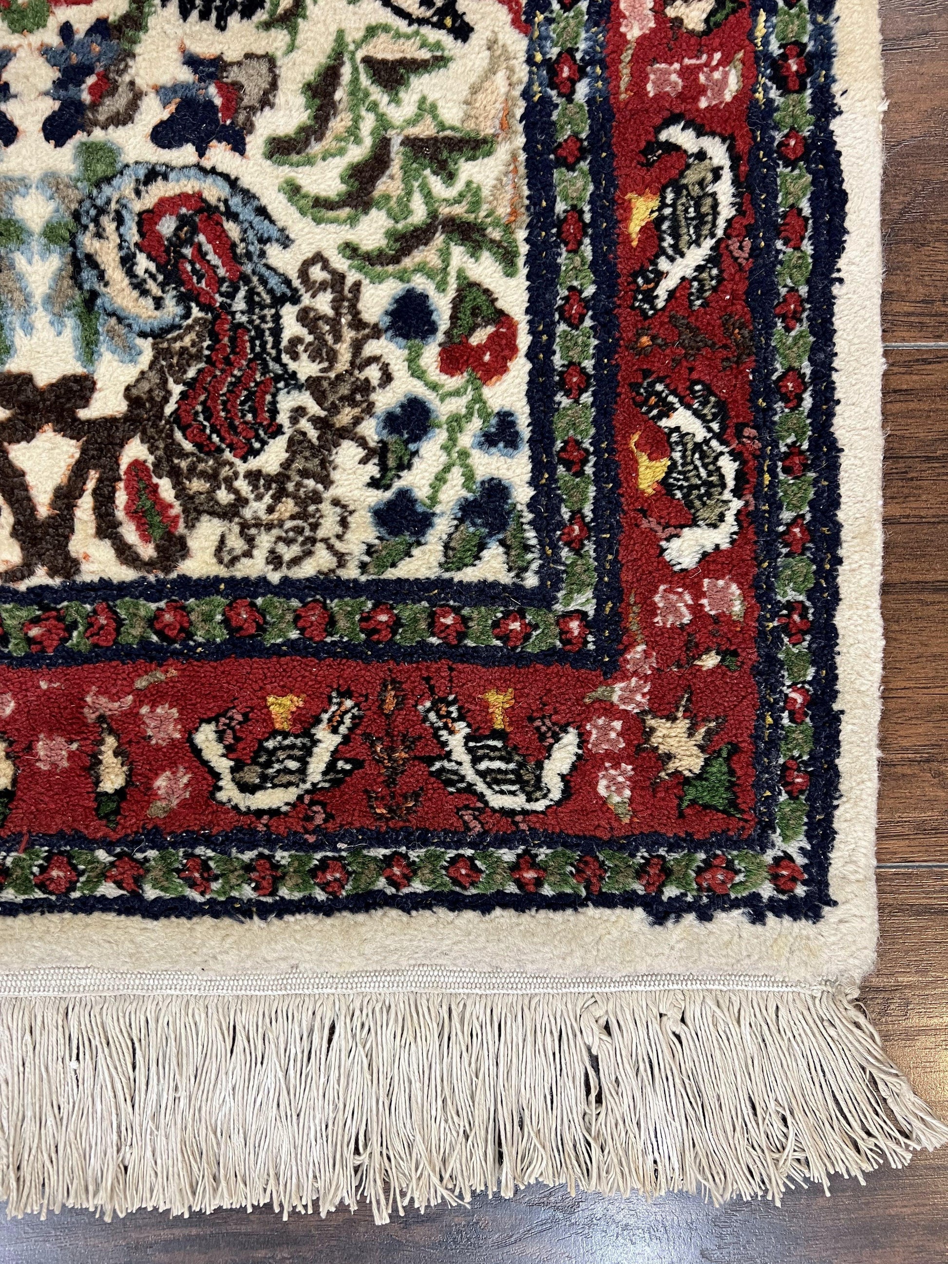 Small Indo Persian Rug 2x3 ft, Wool with Silk Highlights, Animal Pictorial Motifs Birds Vase Flowers, Cream and Maroon, Hand Knotted Fine - Nuvé