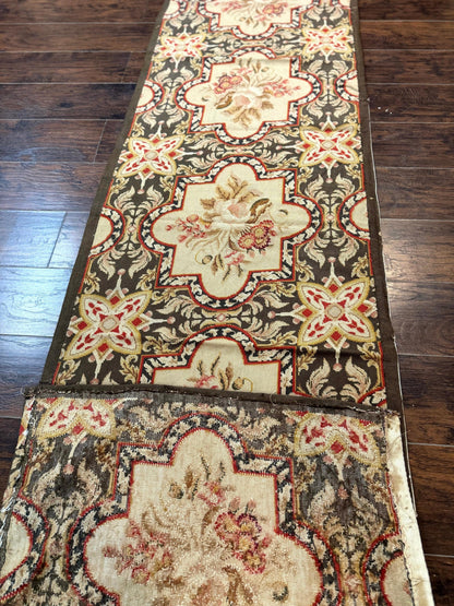 Needlepoint Runner Rug 2.7 x 9.7, European French Design, Wool, Handmade, Vintage