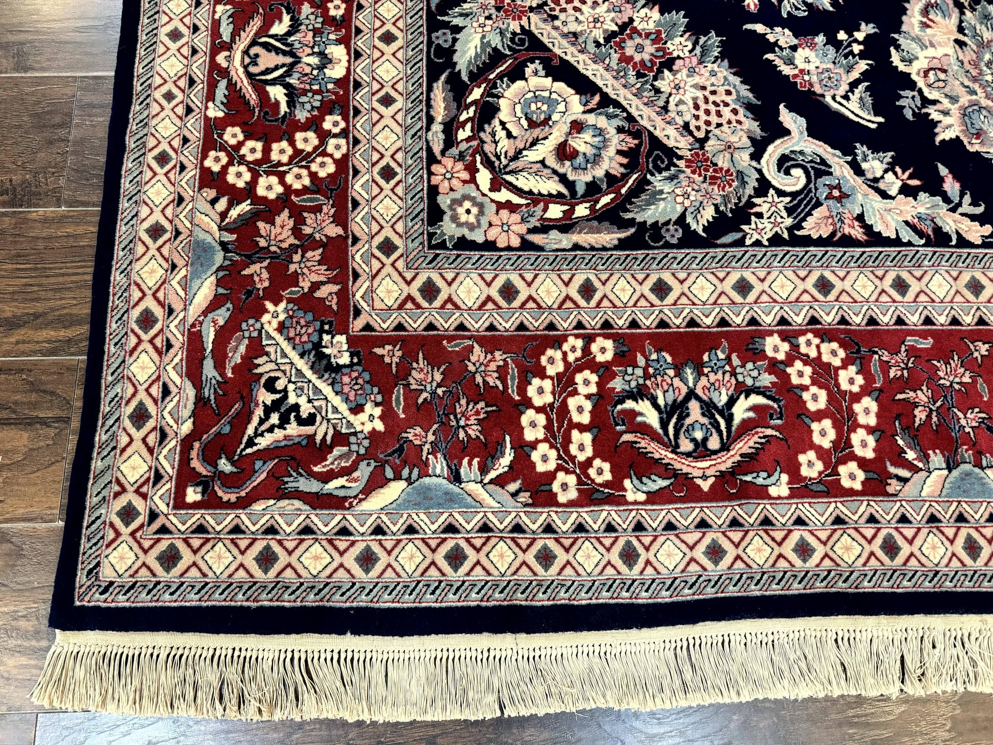 Sino Persian Rug 8x10, Floral Kirman Carpet, Navy Blue and Red, Floral Vases, Handmade Vintage Wool Carpet, 320 KPSI - Nuvé