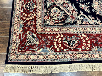 Sino Persian Rug 8x10, Floral Kirman Carpet, Navy Blue and Red, Floral Vases, Handmade Vintage Wool Carpet, 320 KPSI - Nuvé