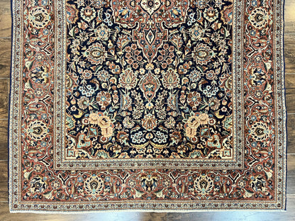 Persian Kashan Rug 4x7, Floral Medallion Vintage Handmade Hand Knotted Navy Blue & Red Wool Oriental Carpet, Highly Detailed Semi Antique Rug - Nuvé