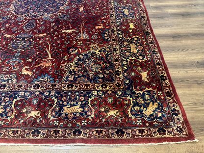 Antique Indo Persian Kerman Rug 9x12 Red Manchester Wool Animal Pictorials, Fine 290 KPSI - Nuvé
