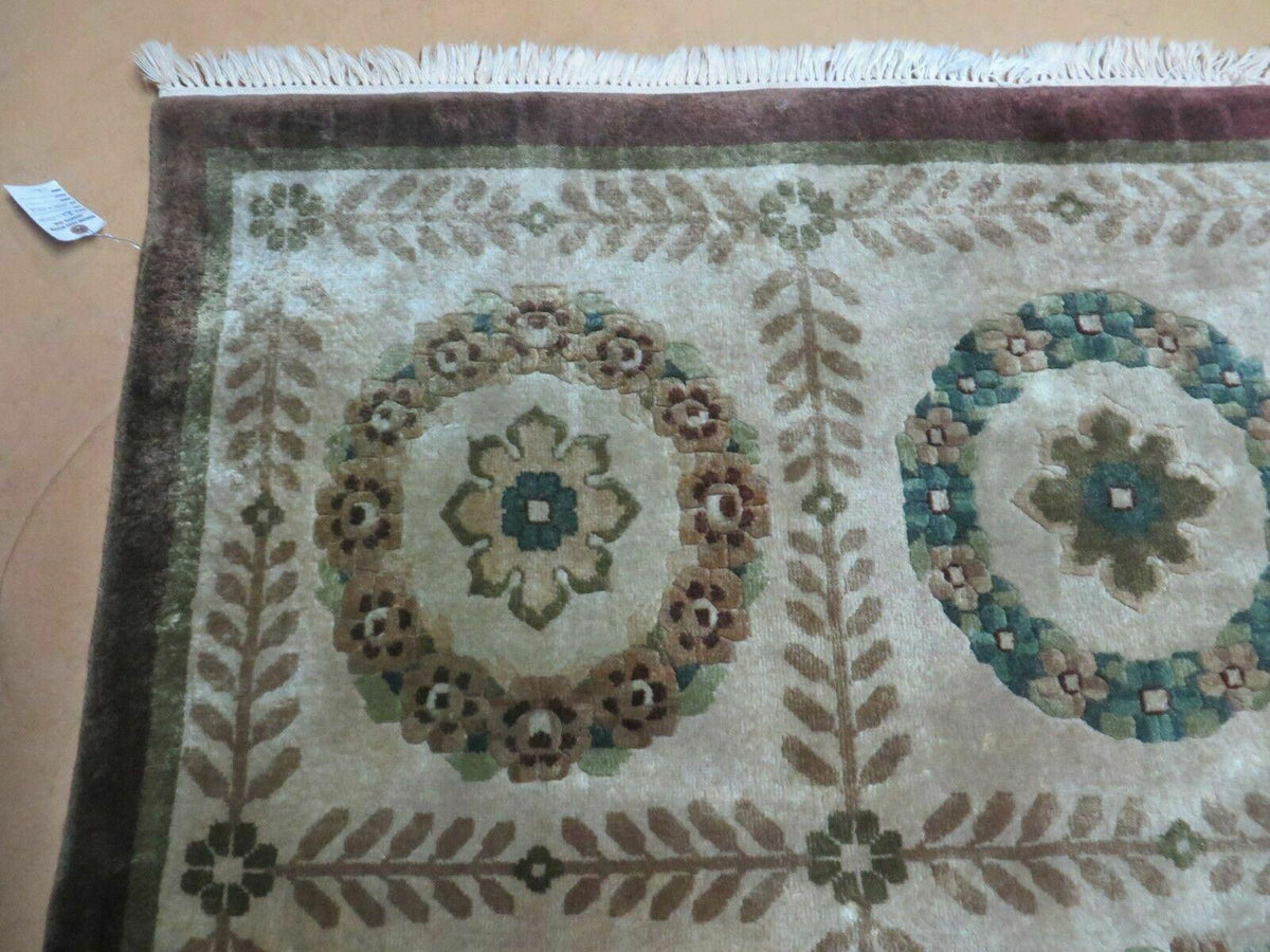 9' X 12' Modern Handmade Indo Lahore Wool Rug Art Deco Olive Ivory Nice Wow
