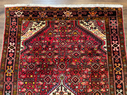 Persian Hamadan Rug 4x7, Tribal Village Malayer Carpet, Red and Ivory, Bohemian Antique - Nuvé