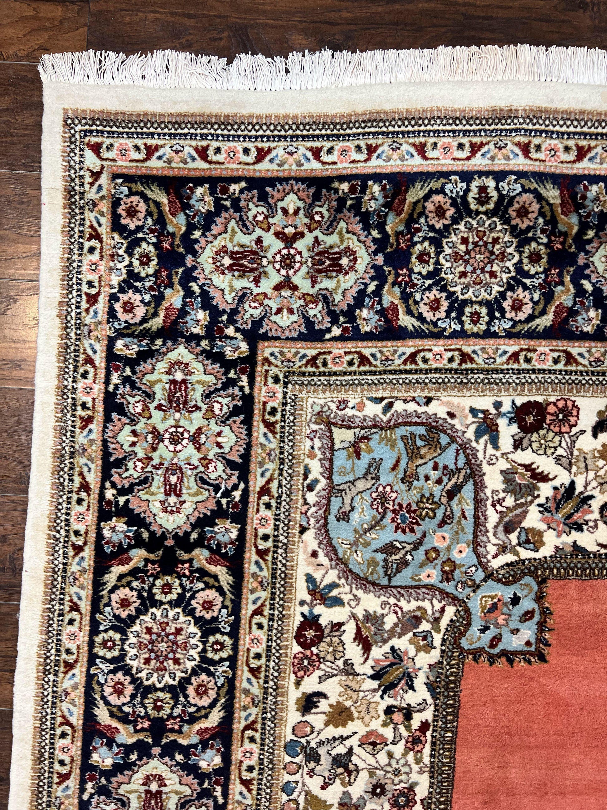 Persian Tabriz Rug 10x13, Wool Hand Knotted Vintage Carpet, Salmon Red & Ivory, Semi Open Field, Birds & Animal Motifs, Large Rug - Nuvé