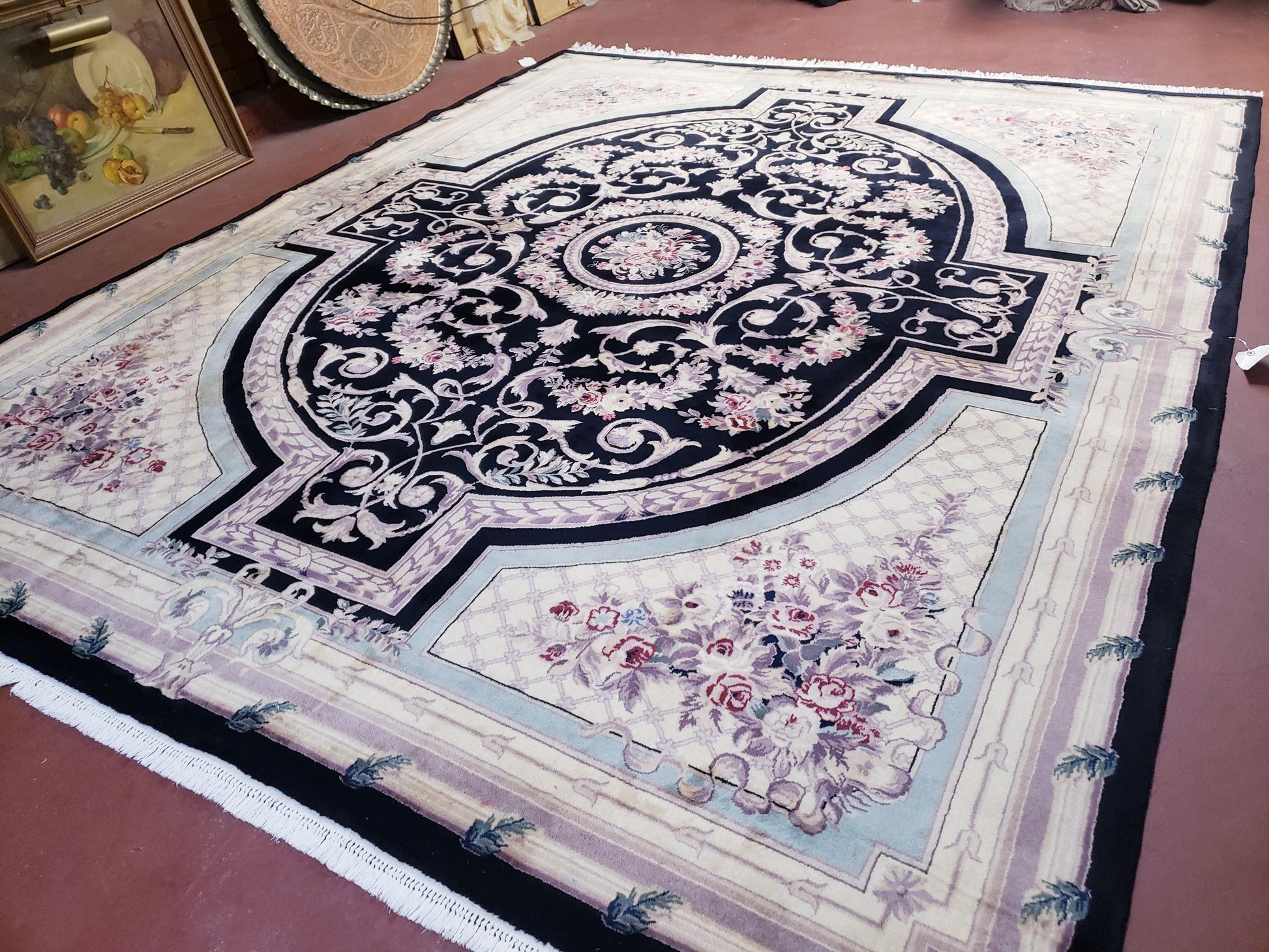 8x10 Aubusson Rug, Fine Hand Knotted Wool Carpet, French European Design, Black & Ivory - Nuvé