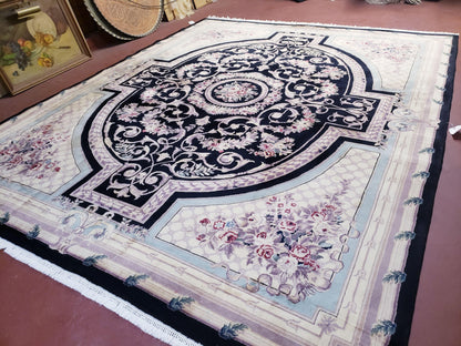 8x10 Aubusson Rug, Fine Hand Knotted Wool Carpet, French European Design, Black & Ivory - Nuvé