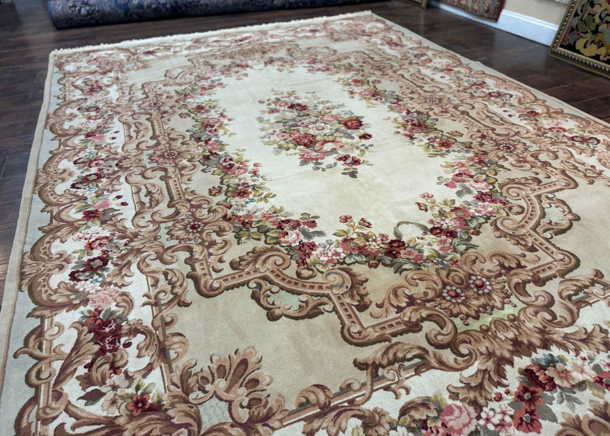 Aubusson Rug 8x12, European French Savonnerie Design, Thick Wool Pile, Elegant Rug, Cream Beige Light Green - Nuvé