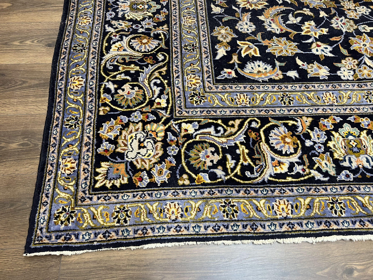 Wonderful Navy Blue Persian Kashan Rug 11x13, Allover Floral Design with Central Medallion, Wool Hand-Knotted Antique Carpet, Signed Rabani Rug - Nuvé