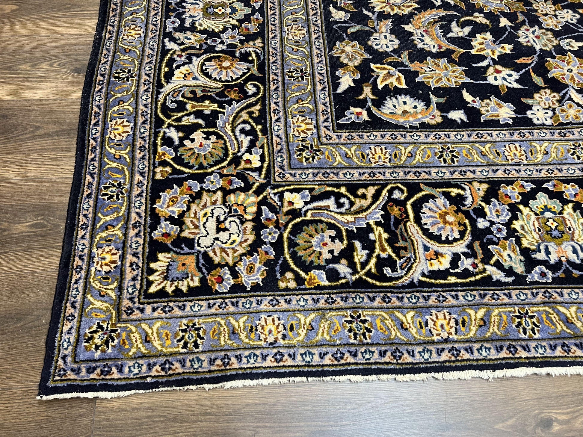 Wonderful Navy Blue Persian Kashan Rug 11x13, Allover Floral Design with Central Medallion, Wool Hand-Knotted Antique Carpet, Signed Rabani Rug - Nuvé