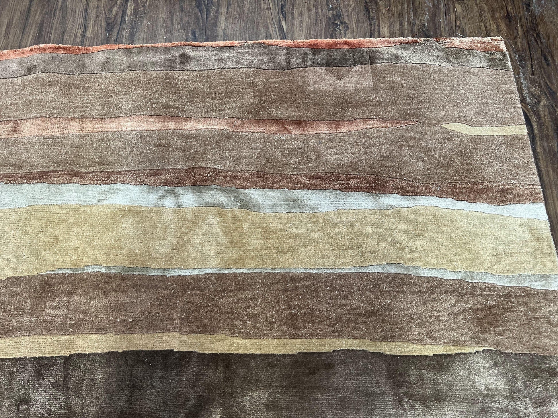 Modern Tibetan Rug 8x11 Nepali Carpet, Shiny Velvely Soft Wool and Silk, Contemporary Hand Knotted Rug, Striped Design, Wool Area Rug 8 x 11 - Nuvé