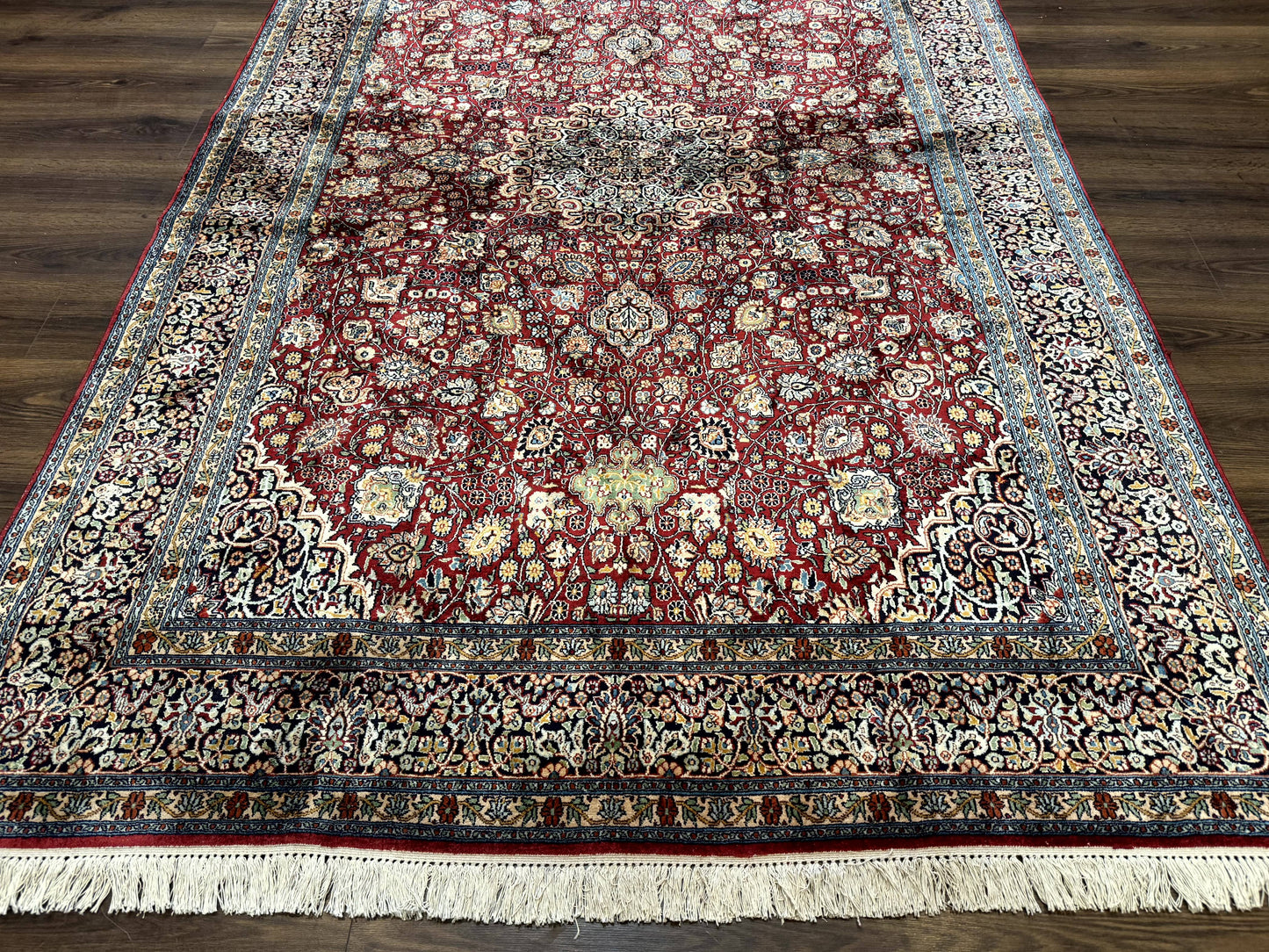 Indian Kashmiri Silk Rug 6x9, Red and Navy Blue, Floral Medallion, Fine 275 KPSI - Nuvé