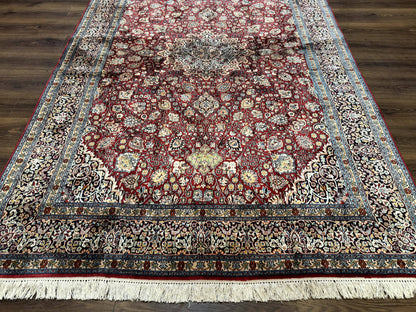 Indian Kashmiri Silk Rug 6x9, Red and Navy Blue, Floral Medallion, Fine 275 KPSI - Nuvé