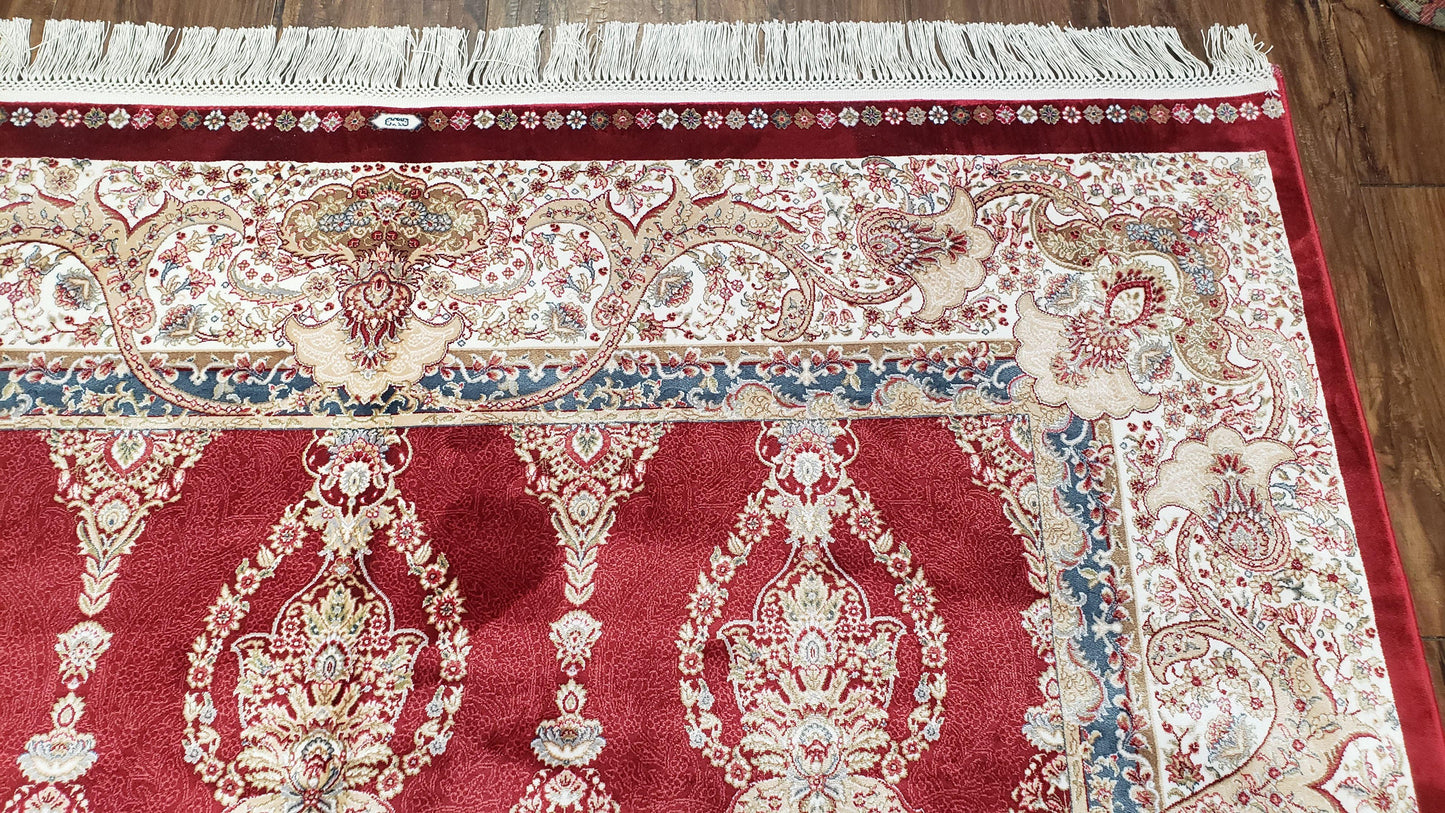 Dark Red Silk Carpet 5.3 x 7.6 ft, 5x8 Silk Rug, New Turkish Silk Carpet, Mint Condition, Beige & Red Area Rug, Bamboo Silk, High Quality - Nuvé