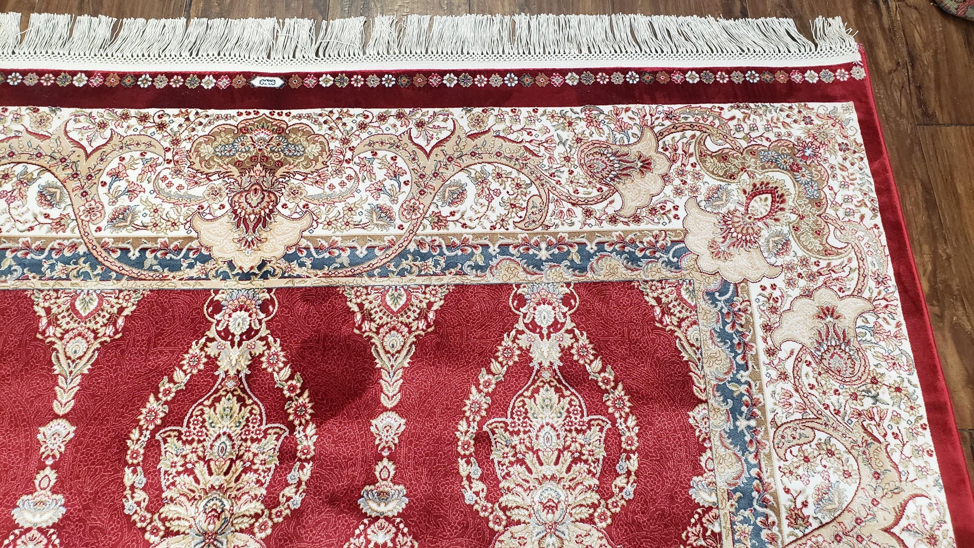 Dark Red Silk Carpet 5.3 x 7.6 ft, 5x8 Silk Rug, New Turkish Silk Carpet, Mint Condition, Beige & Red Area Rug, Bamboo Silk, High Quality - Nuvé