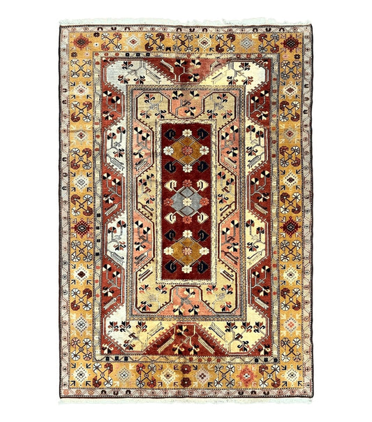Turkish Rug 7x10, Wool Hand Knotted Vintage Carpet, Geometric Kazak Pattern