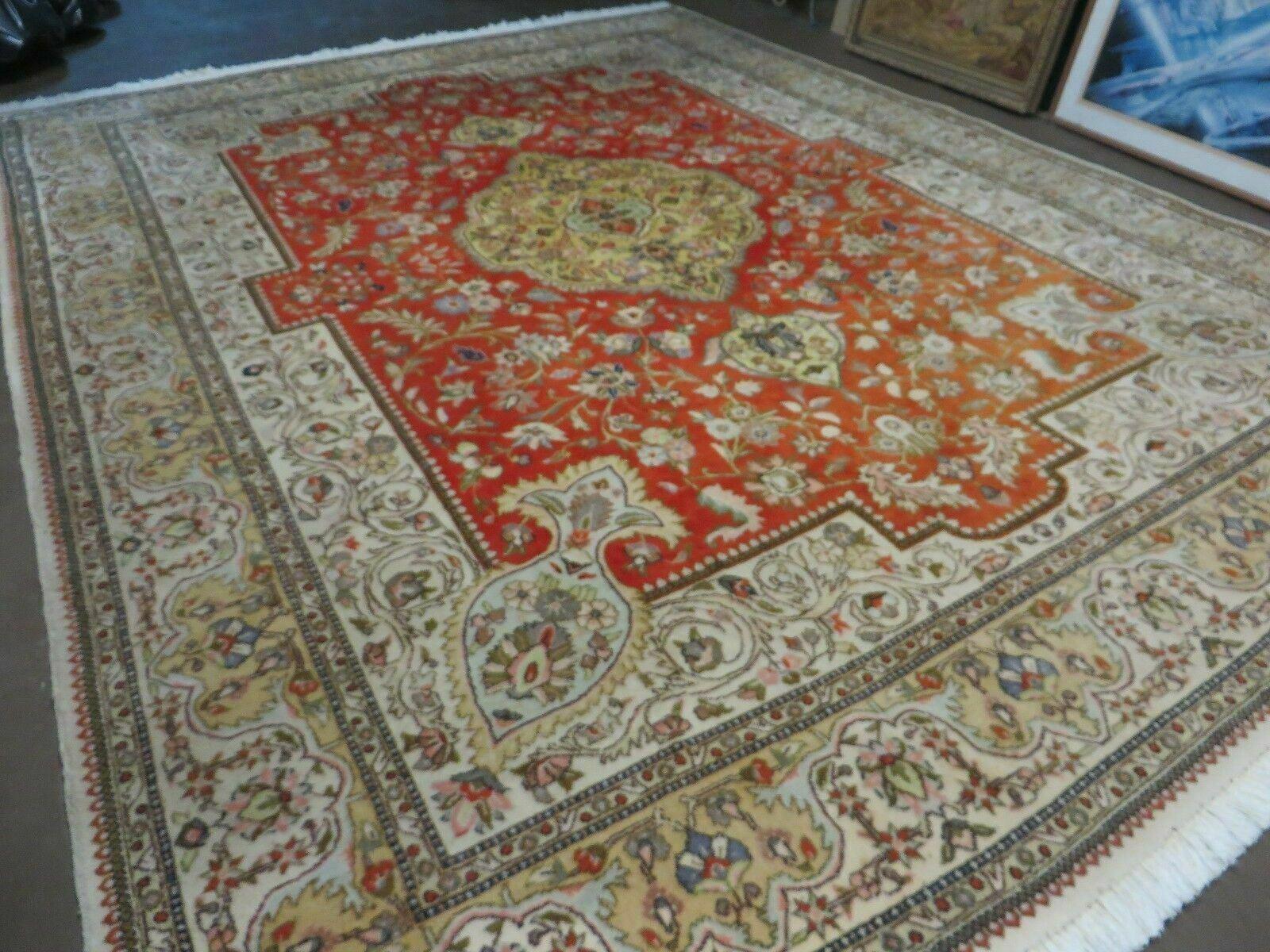 Vintage Persian Tabriz Rug 9x12, Tabatabaie Rug 9x12 Carpet, Handmade Hand Knotted Wool Area Rug, Tomato Red Beige, Medallion Rug, Floral - Nuvé