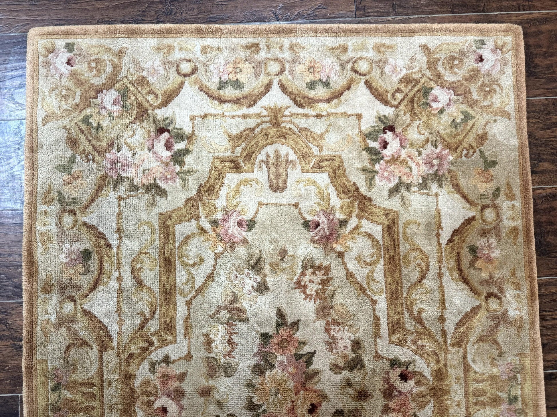 Chinese Aubusson Rug 3.6 x 5, Beige and Gold, Handmade Vintage Elegant European Design Carpet, Plush Wool, Handmade - Nuvé