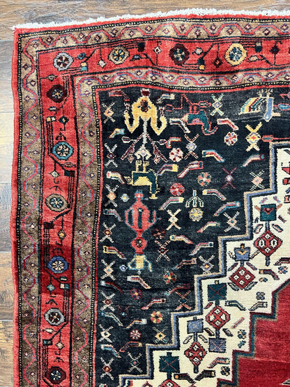 Persian Rug 5x12 ft, Red Cream Navy Blue, Pictorials, Hand Knotted Handmade Wide Runner Tribal Bidjar Semi Antique Wool Geometric Oriental Rug - Nuvé