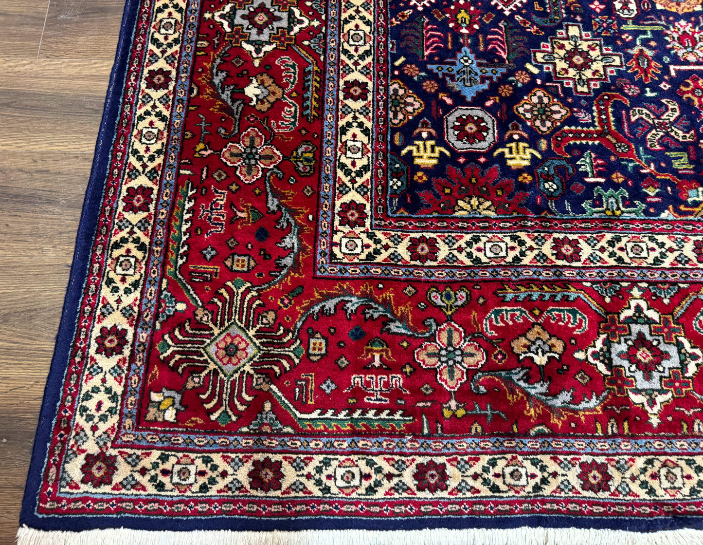 Large Persian Tabriz Rug 10x16, Navy Blue and Red, Allover Pattern, Vintage Hand Knotted Wool Carpet - Nuvé