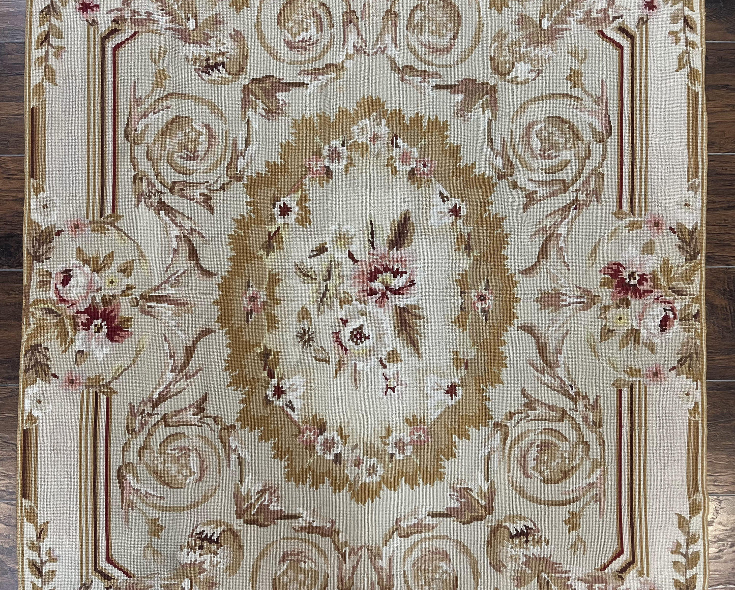 Aubusson Needlepoint Rug 4x5 ft, Beige and Tan, Aubusson Savonnerie Vintage Carpet, Handwoven Handmade Wool Rug, European Design Floral Rose - Nuvé