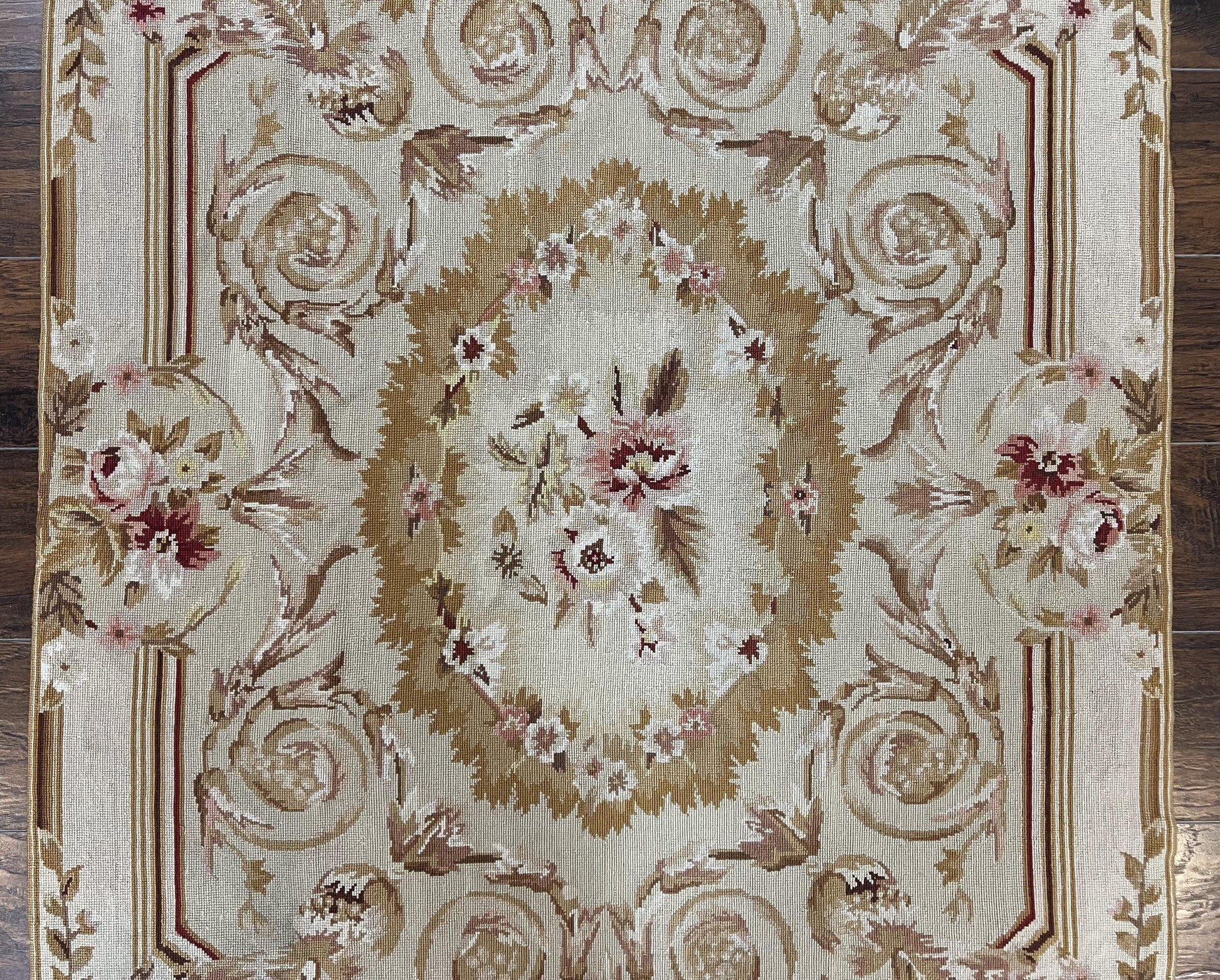 Aubusson Needlepoint Rug 4x5 ft, Beige and Tan, Aubusson Savonnerie Vintage Carpet, Handwoven Handmade Wool Rug, European Design Floral Rose - Nuvé