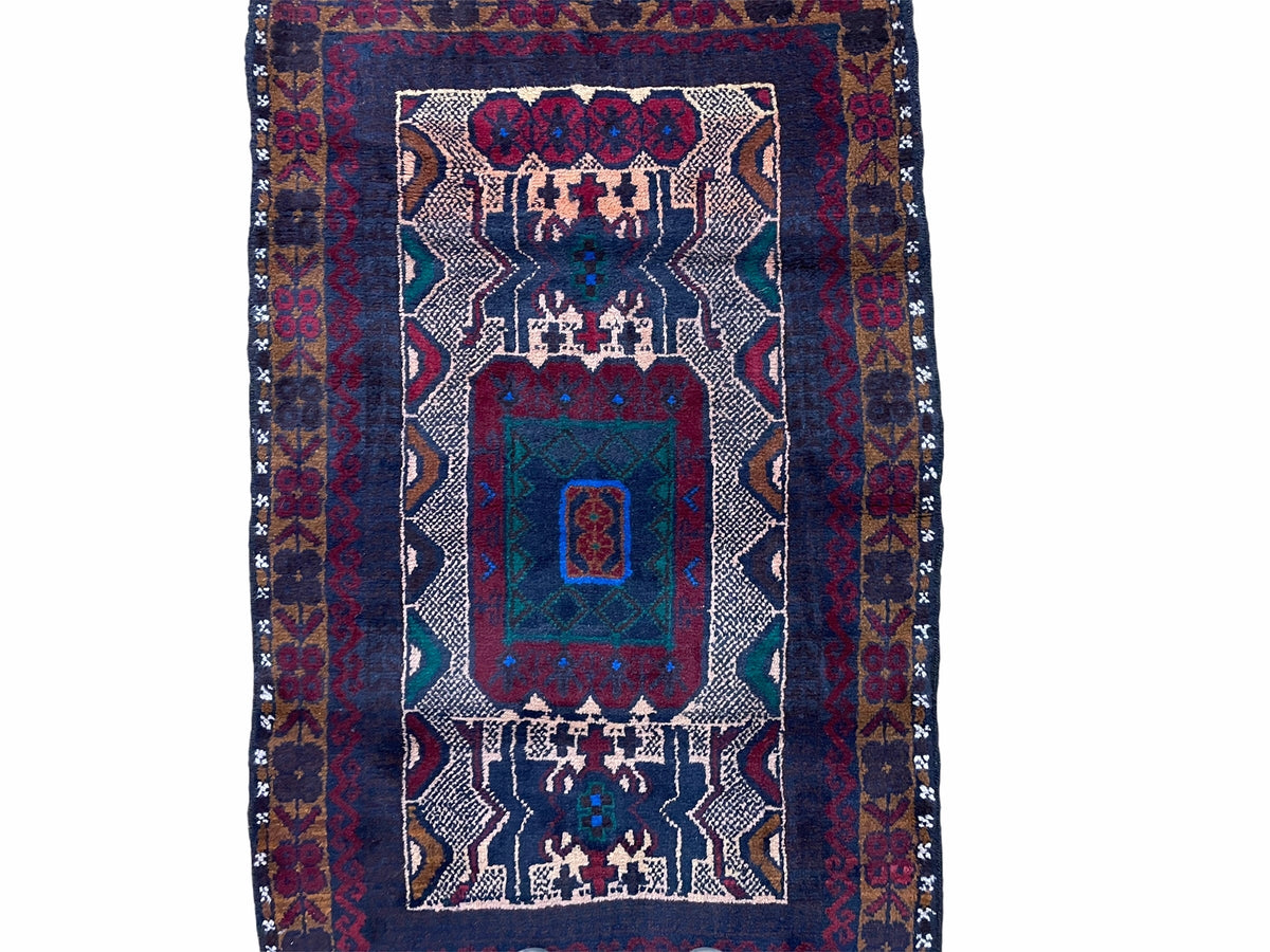 Vintage handmade tribal wool rug in red and beige with intricate Balouchi design, 3x5 size, from Jewel Rugs.