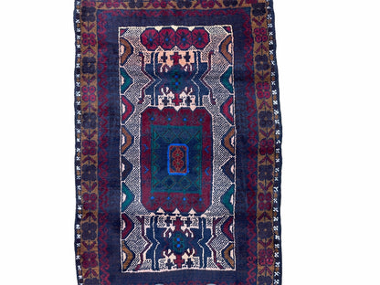 Vintage handmade tribal wool rug in red and beige with intricate Balouchi design, 3x5 size, from Jewel Rugs.