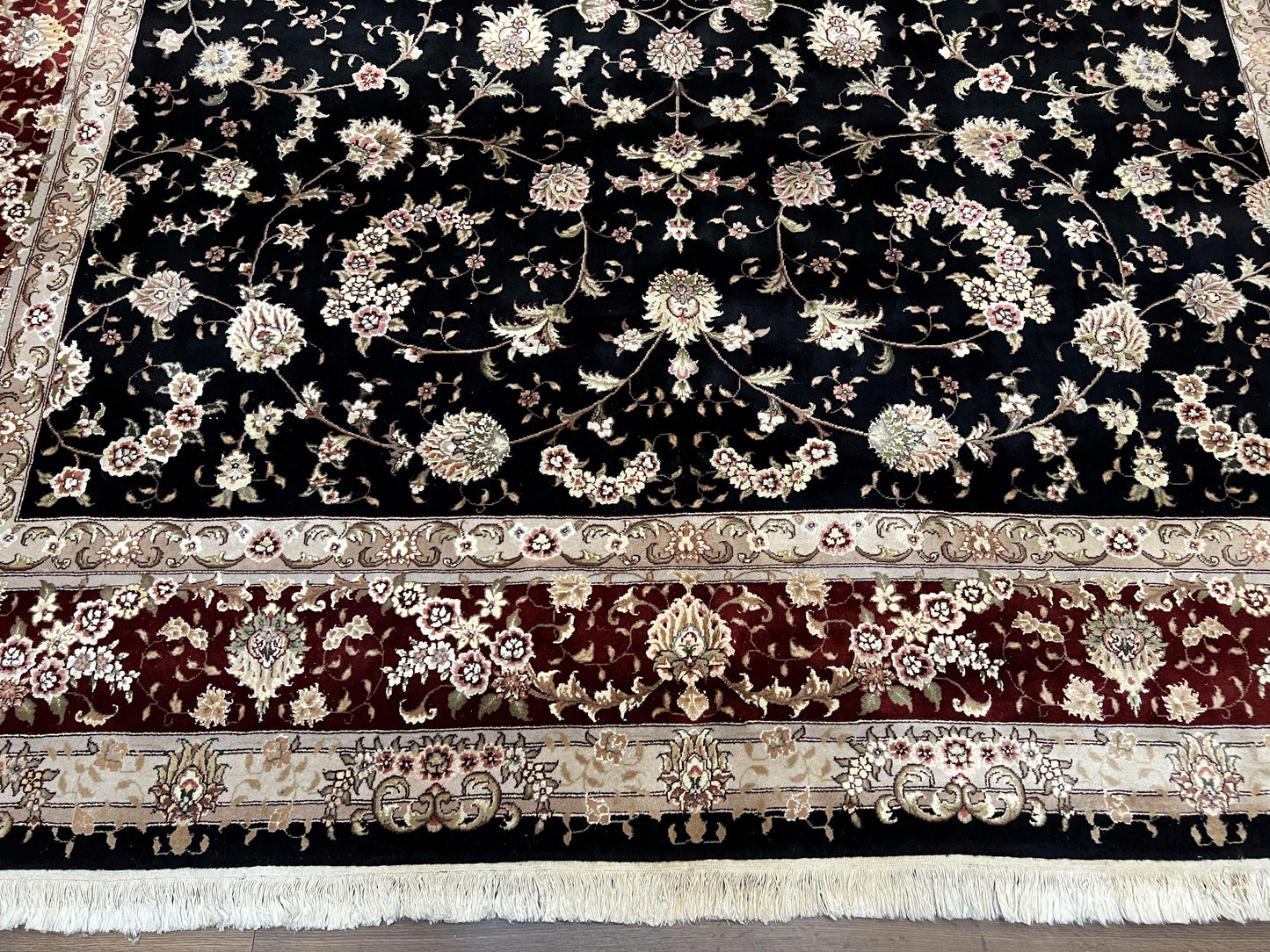 Sino Persian Rug 9x12, High Quality Oriental Carpet, Black and Maroon, Wool and Silk, Allover Floral Pattern, Hand Knotted, Vintage Rug Nice - Nuvé