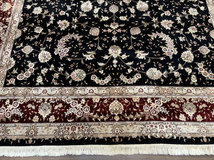 Sino Persian Rug 9x12, High Quality Oriental Carpet, Black and Maroon, Wool and Silk, Allover Floral Pattern, Hand Knotted, Vintage Rug Nice - Nuvé